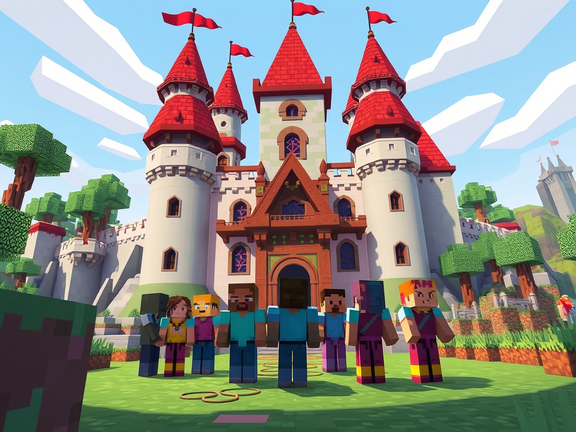 A group of players is gathered around a large, colorful castle in a Minecraft world.