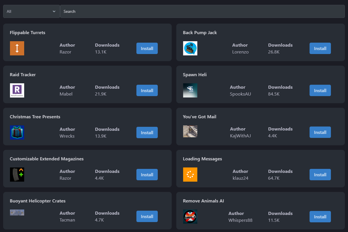 Showing off the UI for Rust Plugin installer